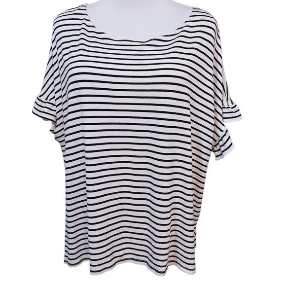 MAX STUDIO Top Blouse Plus 2X Classic Black White Stripes Short Sleeves Comfort - Picture 4 of 10
